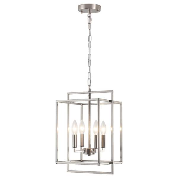 ADSENSTY 4-Light Sand Nickel Modern Geometric Rectangle Lantern Hanging Ceiling Chandelier Kitchen Island Pendant Light