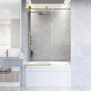Elan Hart 56 to 60 in. W x 66 in. H Sliding Frameless Tub Door in Matte Brushed Gold with 3/8 in. (10mm) Clear Glass