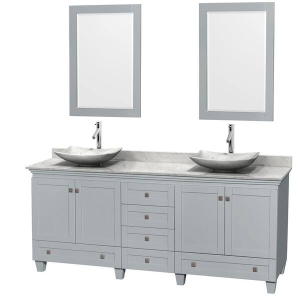 Wyndham Collection Acclaim 80 in. W x 22 in. D Vanity in Oyster Gray with Marble Vanity Top in Carrera White with White Basins and Mirrors