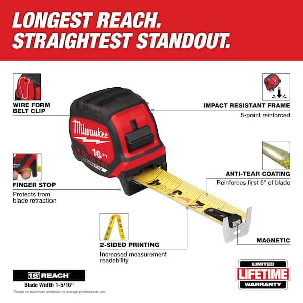 Milwaukee 16 ft. x 1.2 in. Compact Wide Blade Tape Measure with 15 ft. Reach (4-Pack)