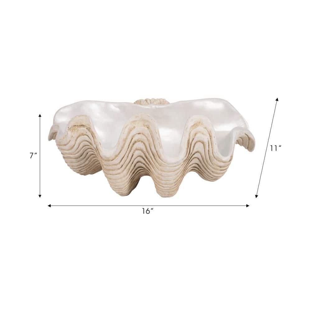 Ivory 16 in. x 11 in. Resin Coastal Pearlized Clam Shell Decorative Bowl