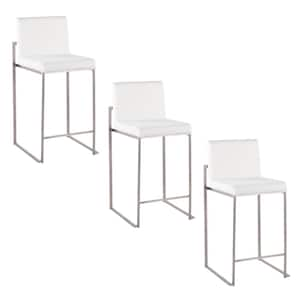 Fuji High Back 26 in. White Velvet and Stainless Steel Bar Stool (Set of 3)