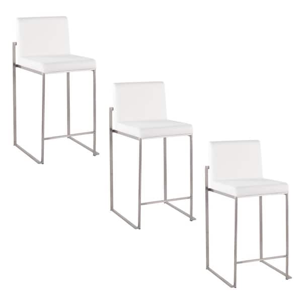 Lumisource Fuji High Back 26 in. White Velvet and Stainless Steel Bar Stool (Set of 3)