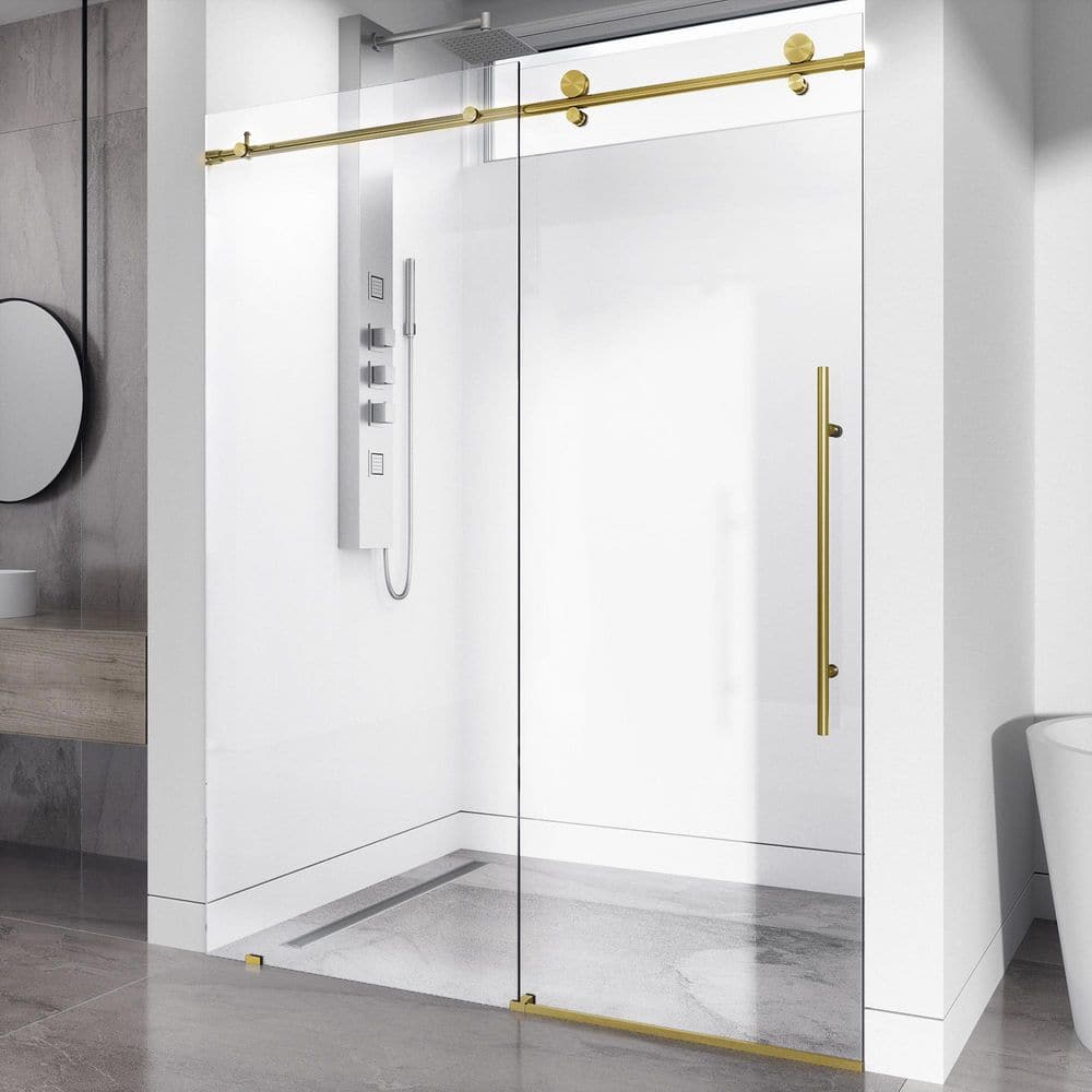 VIGO Elan E-Class 48 to 52 in. W x 76 in. H Sliding Frameless Shower Door in Matte Brushed Gold with 3/8 Clear Glass