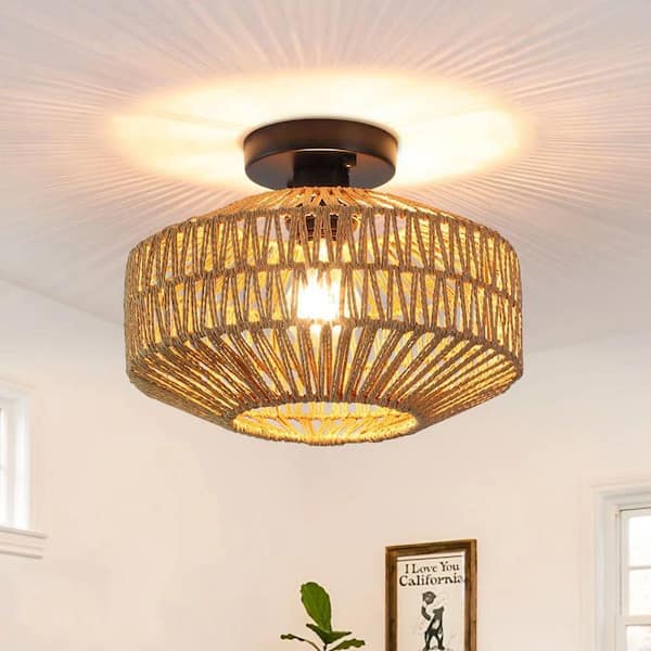 11.81 in. 1-Light Black/Brown Rattan Semi Flush Mount Chandelier for Hallway Entryway Dining Room