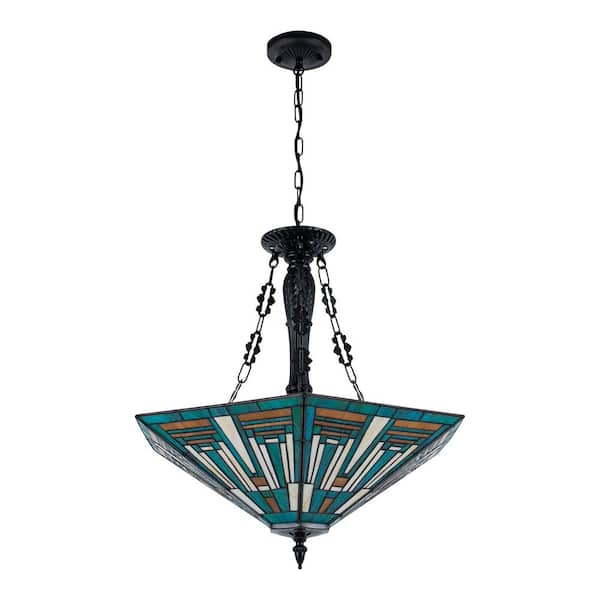 OUKANING 5-Light Black and Green Retro Shaded Pendant Light with Multicolored Glass Shade Adjustable Height, No Bulbs Included