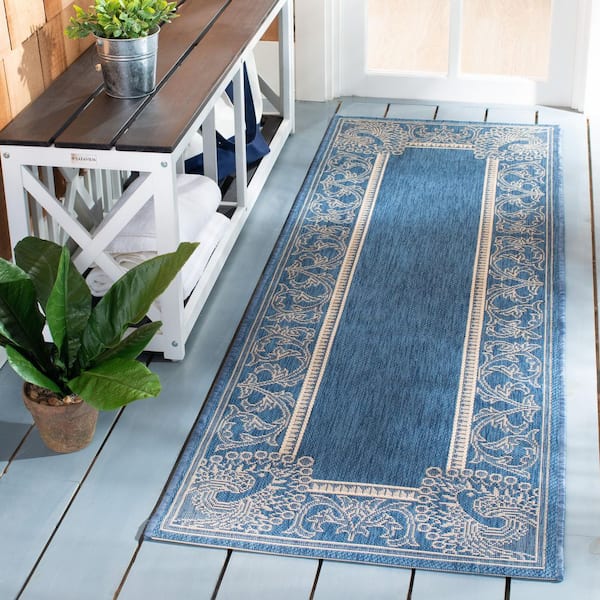 Courtyard Blue/Natural 2 ft. x 12 ft. Border Indoor/Outdoor Patio  Runner Rug