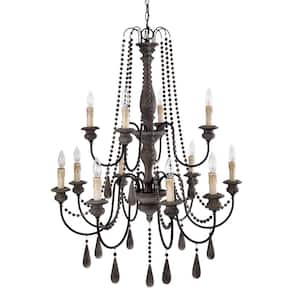 12-Light Slate Wood and Black Chandelier with Wooden Beads Hanging