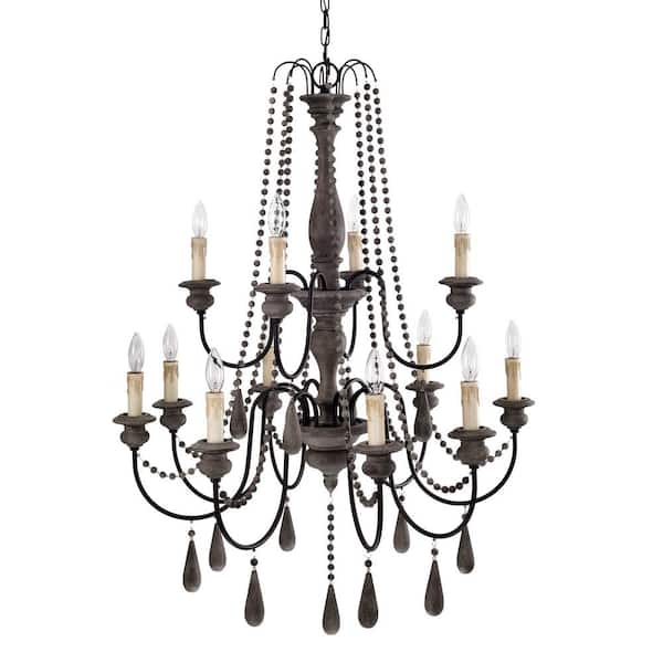 Edvivi 12-Light Slate Wood and Black Chandelier with Wooden Beads ...