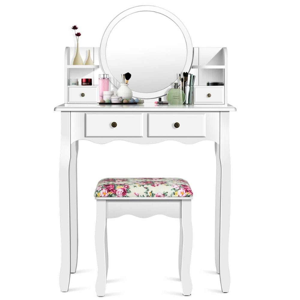Makeup Vanity Table Set with 360 Pivoted Round Mirror 4 Drawers 4 Shelves Detachable Top Cushioned Stool