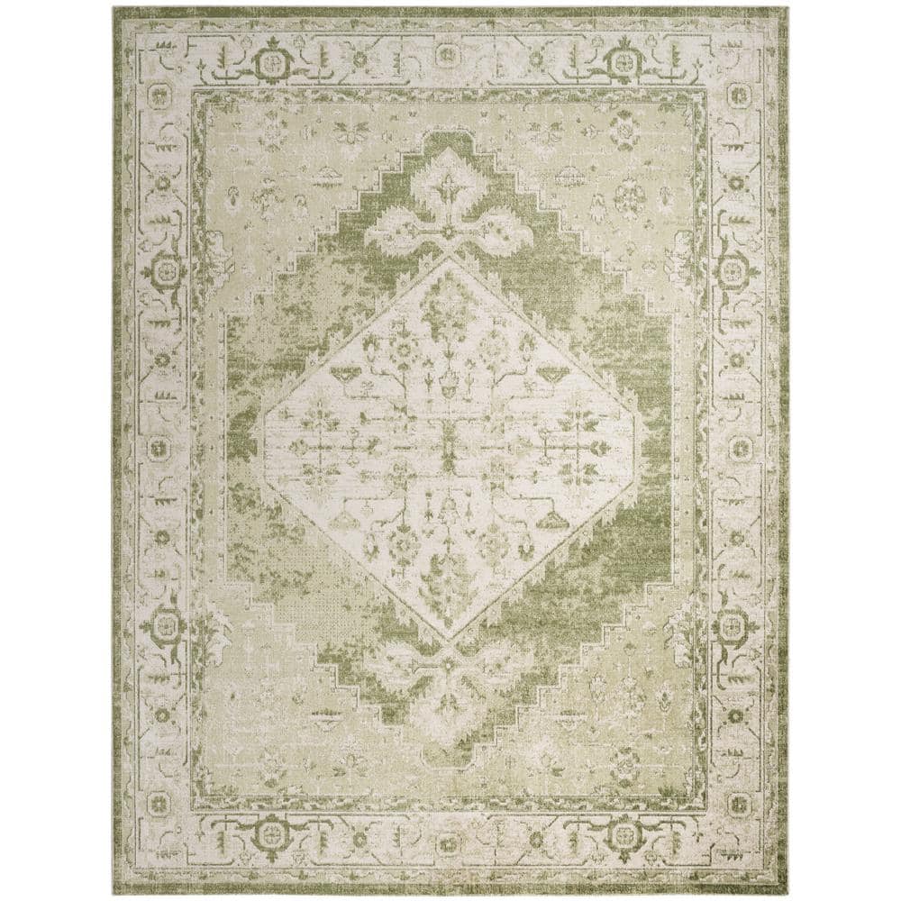 Ivory Green Floral Medallion Machine Washable Area Rug 8x10