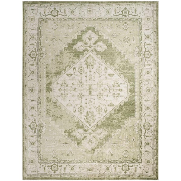 Astra Machine Washable Ivory Green 8 ft. x 10 ft. Center medallion Traditional Area Rug