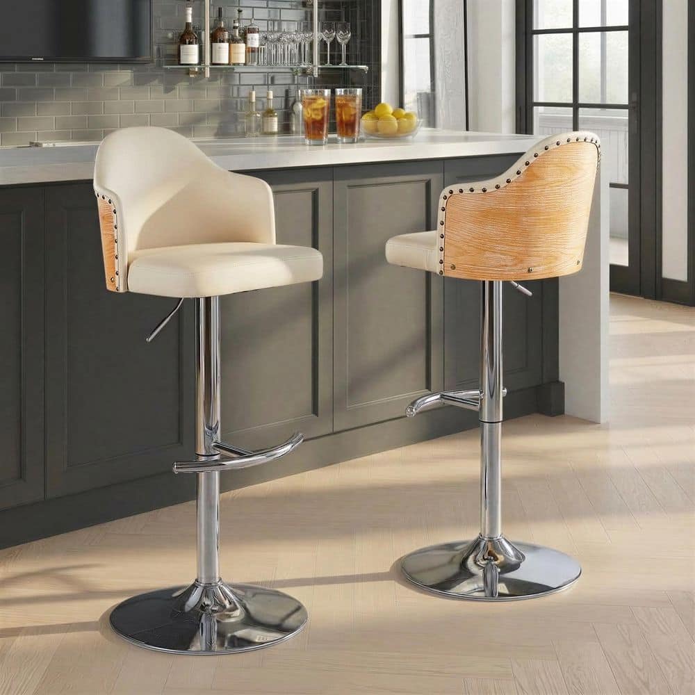 Lumisource Ahoy 33 in. Cream Faux Leather, Natural Wood Backrest