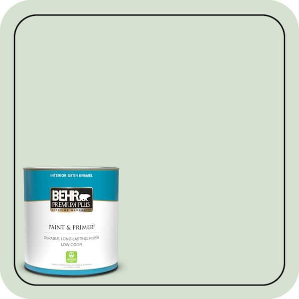 BEHR PREMIUM PLUS 1 qt. #S400-2 Comforting Green Satin Enamel Low Odor Interior Paint & Primer
