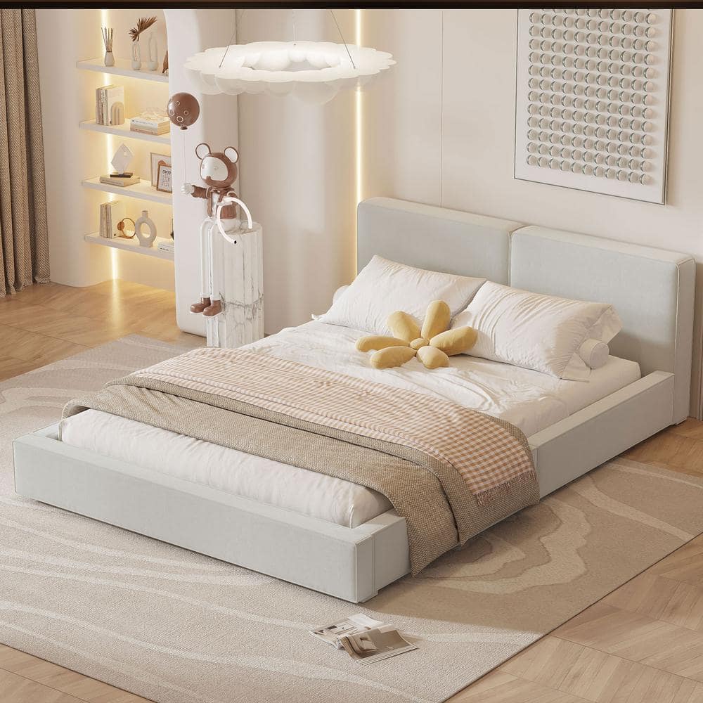 Harper & Bright Designs Beige Wood Frame Queen Size Velvet