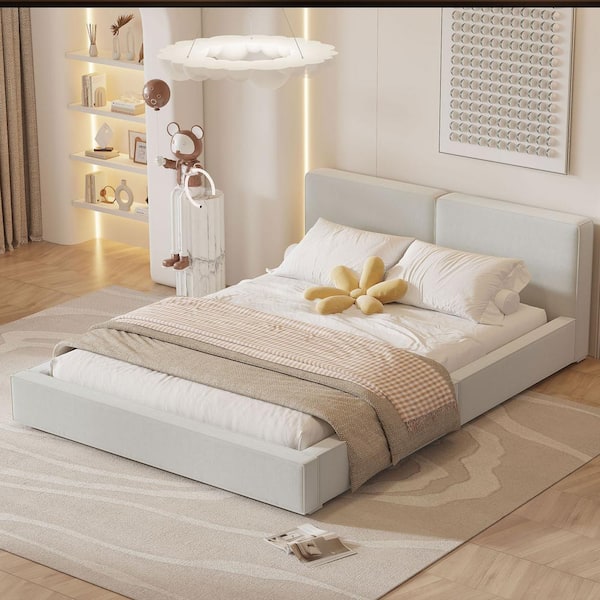 Harper & Bright Designs Beige Wood Frame Queen Size Velvet Upholstered Platform Bed, Soft and Comfortable Grounded Bed