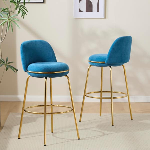 CHRISTOPHER KNIGHT HOME Lila 37.75 in. H Blue Modern Upholstered Bar Stools with Gold Metal Base, (Set of 2)