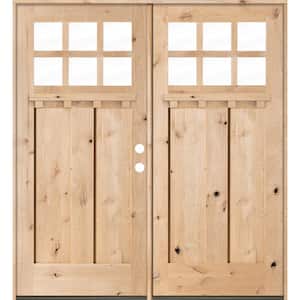 72 in. x 80 in. Craftsman Knotty Alder 6-Lite Clear Unfinished Wood/Dentil Shelf Left Active Double Prehung Front Door