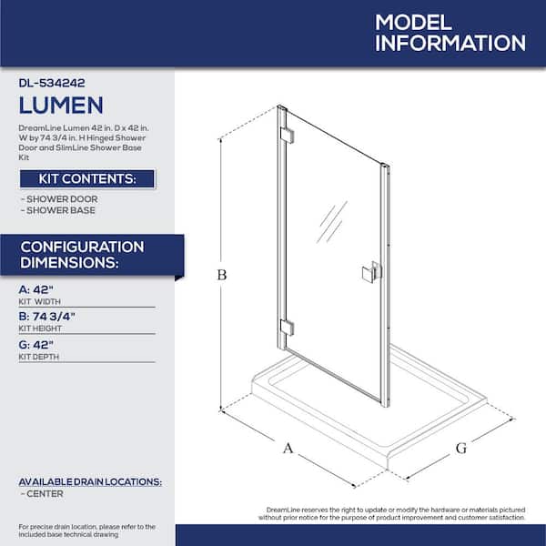 Lumen 42 in. x 72 in. Semi-Frameless Hinged Shower Door in Brushed Nickel with 42 in. x 42 in. Base in White