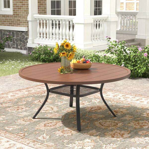lowes outside patio table with umbrella for schools SERWALL 8-Pc HDPE Dining Set, 1 Table, 1 & 6 Chairs, Black Round Dining Table Walnut 47 in. Round All-Weather