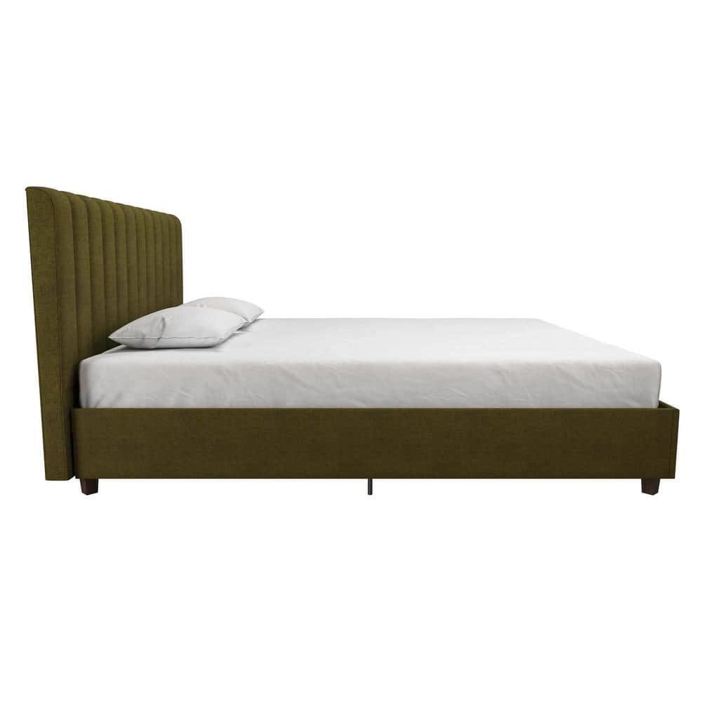 Green Linen Upholstered Queen Platform Bed with Oak Legs