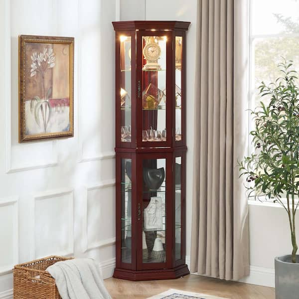 XUJMK 22 in. W x 16 in. D x 70 in. H Red Linen Cabinet, Corner Curio Cabinet with Lights, Display Cabinet with Glass Shelves
