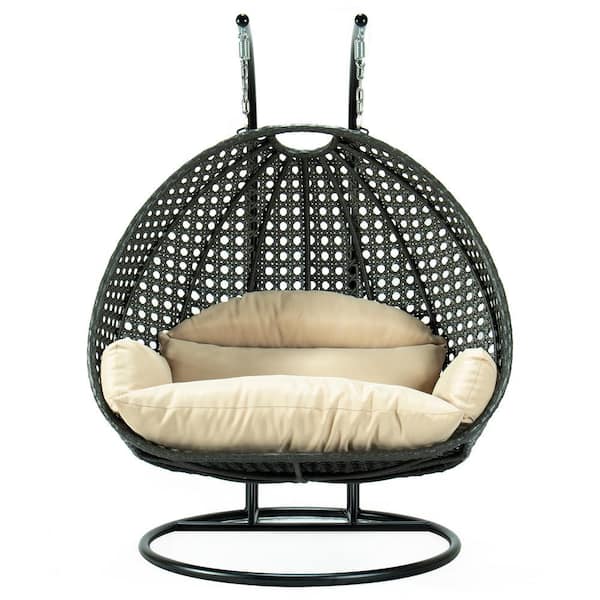 2-Person Egg Swing Chair Charcoal Wicker Outdoor Patio Hanging Chair with Beige Cushions