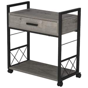 23.5 in. Grey Rectangular Wood End Table with Wheels, Drawer, and Bottom Shelf