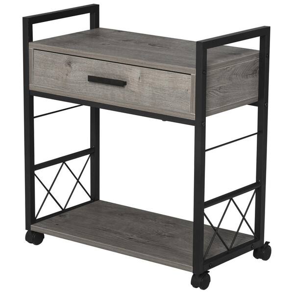 HOMCOM 23.5 in. Grey Rectangular Wood End Table with Wheels, Drawer, and Bottom Shelf