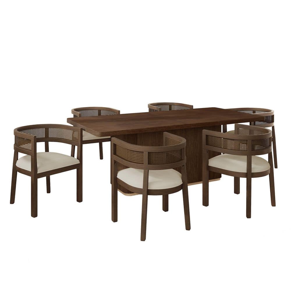 Dunn 7-Piece Rectangular Wood Top Dining Table Set with Fabric Upholstered Arm Chairs, Rattan Back, Walnut + Beige