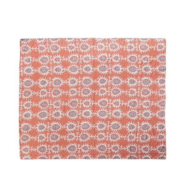 Natural, Gray & Orange Patterned Cotton Voile Throw Blanket