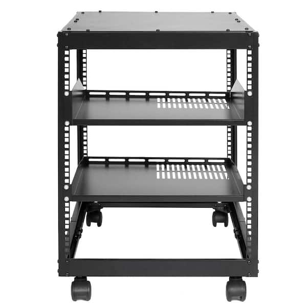 12U Server Rack Steel Household Shelving Unit Wall Mount Design 2-Rack Shelf 4-Casters 17.3x15.7x24.6 in. 3-Tier(Black)