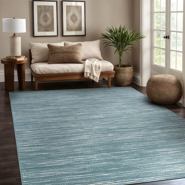 Linea Teal 8 ft. x 10 ft. Rubber Back Washable Modern Striped Indoor Outdoor Patio Area Rug