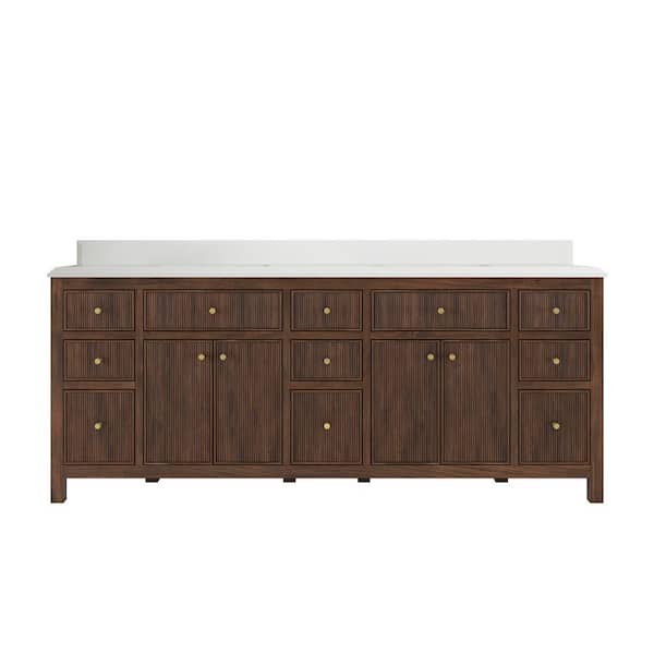 Willow Collections Sonoma Teak 84 in. Double Sink Freestanding Dark Walnut Bath Vanity with White Qt. Top Unassembled