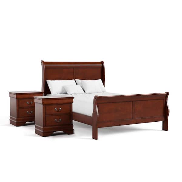 Furniture of America Burkhart 3 Piece Cherry Wood Full Bedroom Set with 2 Nightstands