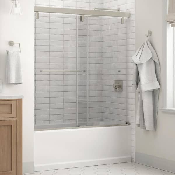 Delta Mod 60 in. x 59-1/4 in. Soft-Close Frameless Sliding Bathtub Door in Nickel with 1/4 in. Tempered Clear Glass