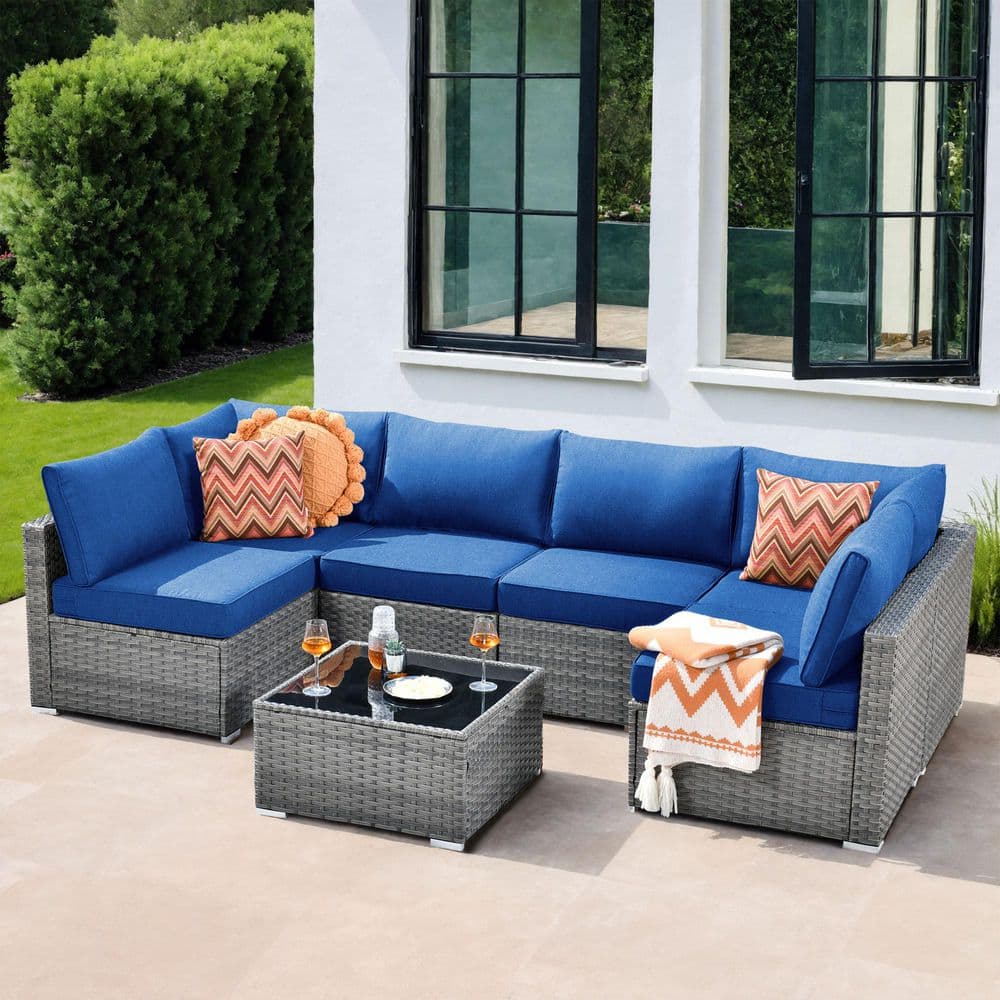Aero 7-Piece Wicker Outdoor Sectional Set with Navy Blue Cushions price history on PriceWatchPro