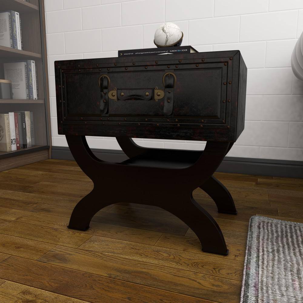 Vintage Brown Faux Leather Single Drawer Accent Table
