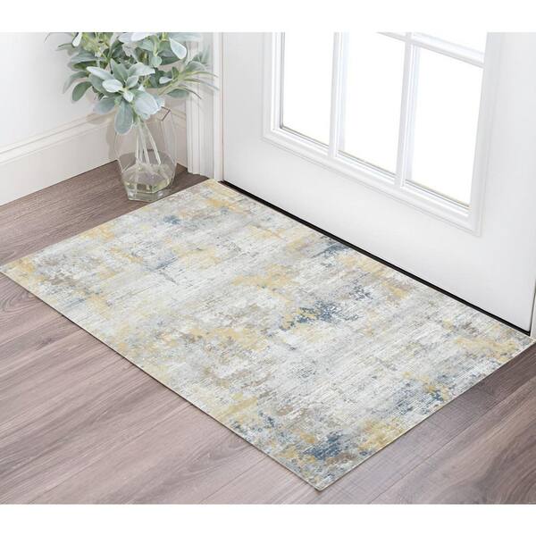 2 ft. x 3 ft. Gold Ivory And Blue Abstract Area Rug