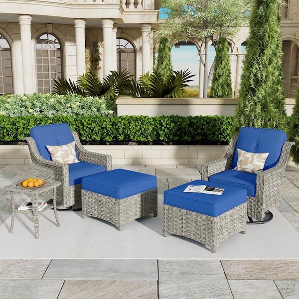 weaxty W Tulip E 5-Piece Wicker Swivel Outdoor Rocking Chairs Patio Conversation Set with Navy Blue Cushions