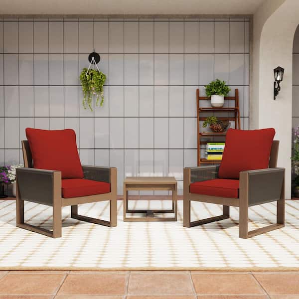 3-Piece Canadian Hemlock Wood Outdoor Lounge Chair Patio Conversation Set with Red Cushions