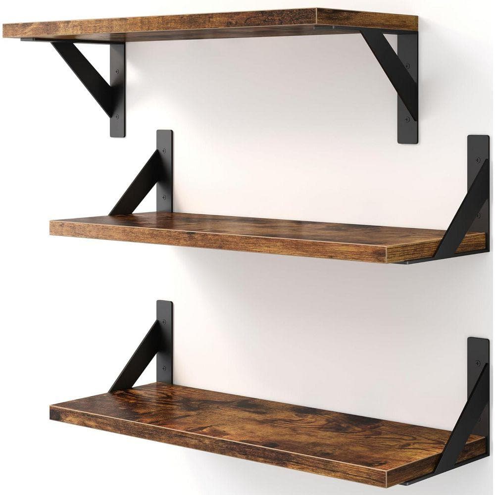 17 in. W x 6 in. D Rustic Brown Wood Decorative Wall Shelf, (Set