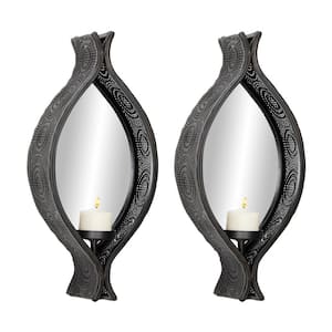 Eclectic Ellipse-Shaped Black Mesh Metal Wall Sconces with Mirrors, Set of 2
