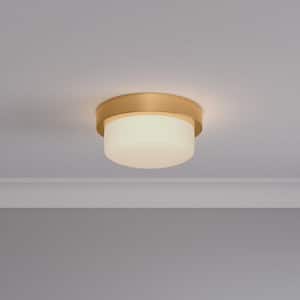 Leavells 11 in. 1-Light Brushed Gold Drum Flush Mount with Frosted Glass Shade and No Bulbs Included (1-Pack)