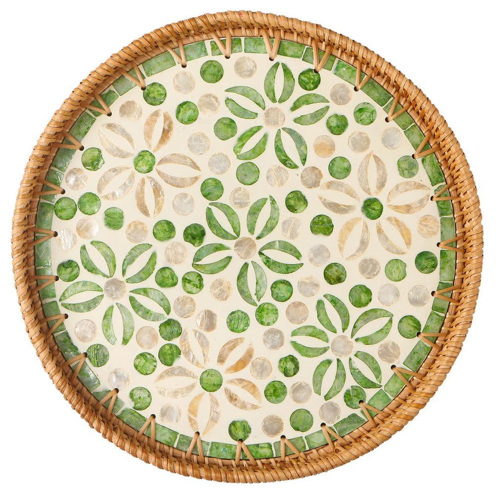 Green Round Wicker Tray, Inlaid with Mother-of-Pearl, Decorative Wicker Tray with Wooden Base price history on PriceWatchPro