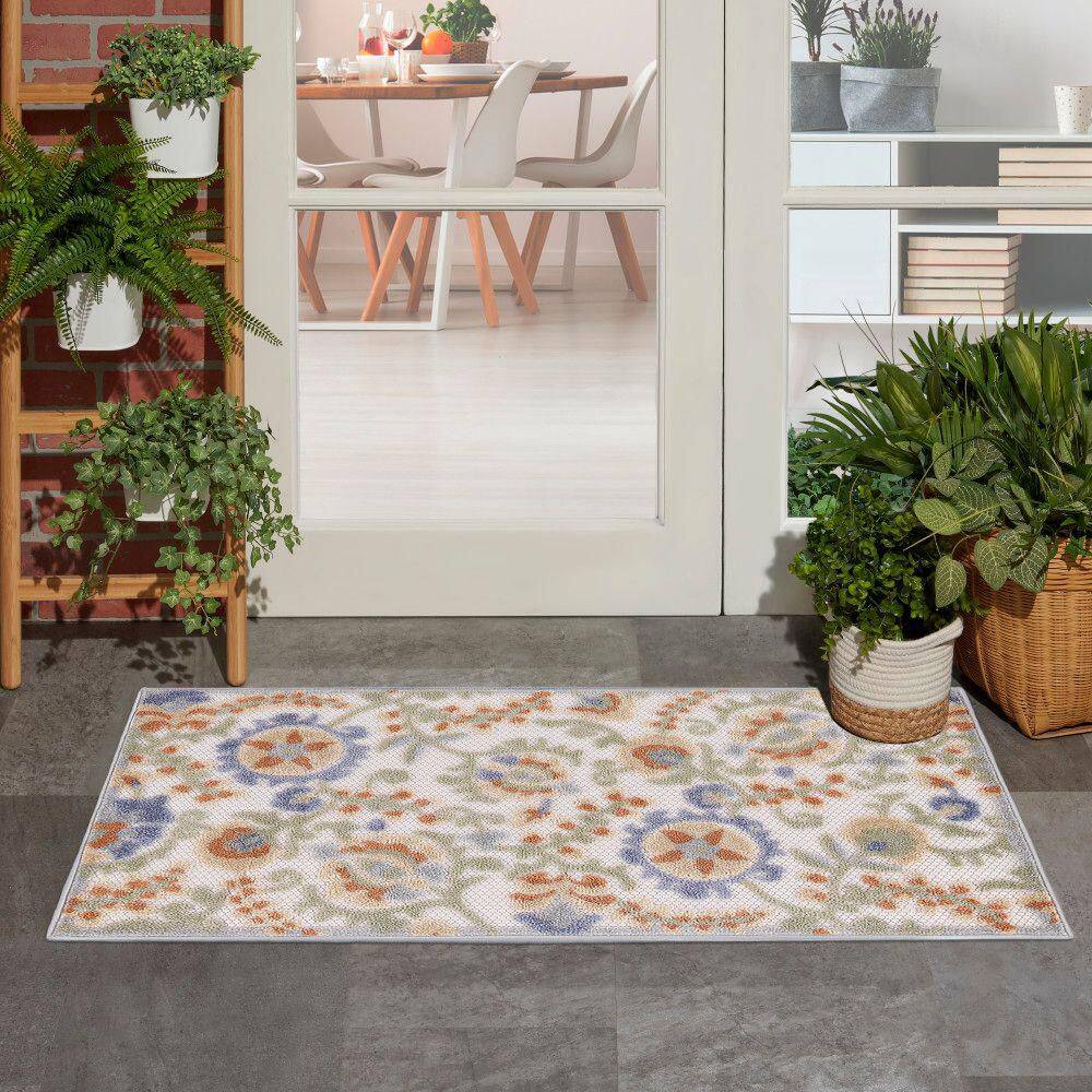 Ivory Blue Floral Flatwoven Synthetic Rug, 2'8" x 4'