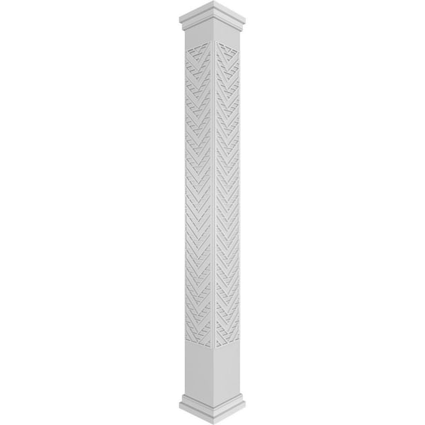 Ekena Millwork 7-5/8 in. x 9 ft. Premium Square Non-Tapered Gilcrest Fretwork PVC Column Wrap Kit w/Prairie Capital and Base