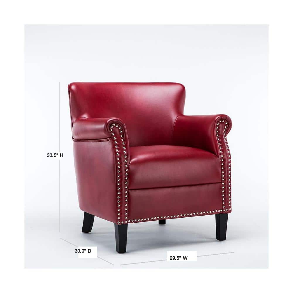 Traditional Red Leather Accent Chair with Wood Frame and Nailhead Trim
