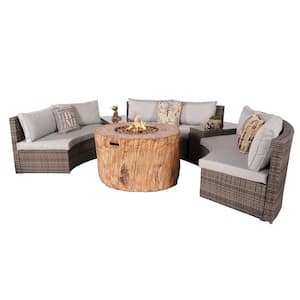 Cedar Half Moon Grey 6-Piece Wicker Outdoor Sectional Set Brown Firepits with Grey Cushions