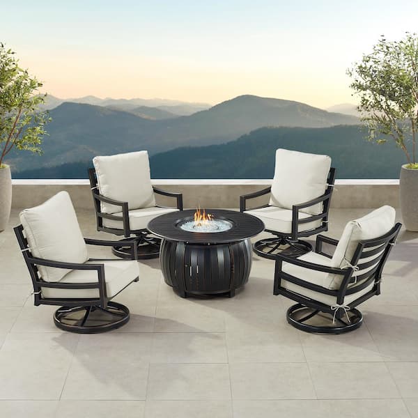 Oakland Living Black 7-Piece Aluminum Patio Fire Pit Set with 4-Club Chairs Light Grey Cushions